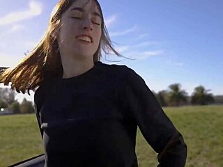 Skinny teen swallows cum on public road trip pov