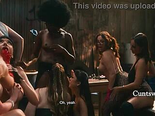 shaved babes lick scissor in wild gangbang frenzy