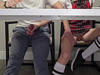 Skinny student flashes wet pussy under desk 😏📚