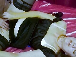 french slut in black dress panties garter heels rims and fucks with toys