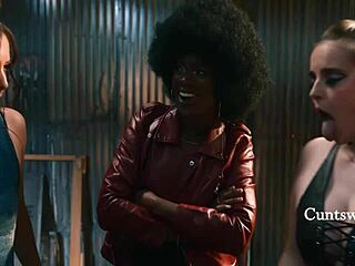 shaved babes lick scissor in wild gangbang frenzy