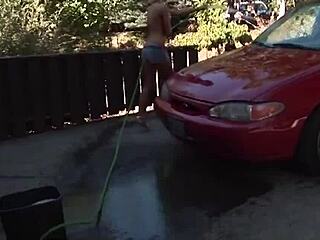blonde teases with wet car wash blowjob temptation