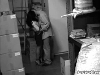 hot babe sneaks blowjob and pussy fuck in stock room spy cam