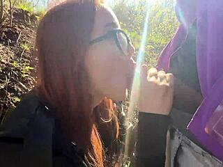 Ginger redhead teen delivers crazy deepthroat blowjob in wild forest public fuck