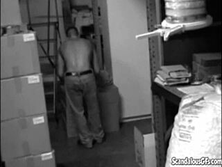 hot babe sneaks blowjob and pussy fuck in stock room spy cam