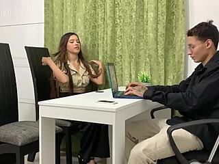 Petite latina fucks boss hard in office for job