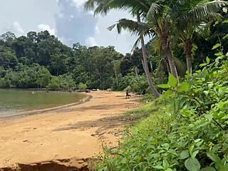 Public beach handjob erupts into homemade sex