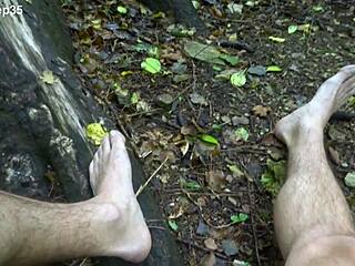 We sneak outdoor foot play in the forest barefoot