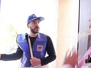 Mailman Drops Huge Load on Busty Blonde Pornstar's Tits