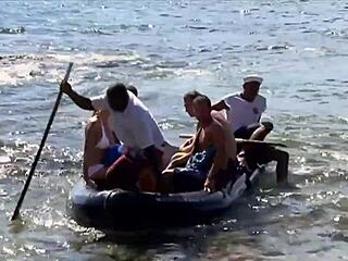 Three Guys Ravage Blonde Bitch Roughly On Beach
