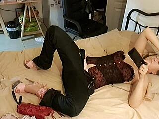 White slut rims and fucks in satin lingerie thong heels