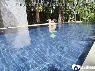 hot babe swims naked poolside teasing my hard cock