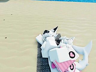 Furry shark pounds fiercely on sunny beach roblox