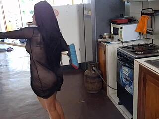 leaked mexican influencer squirts with broom in kitchen