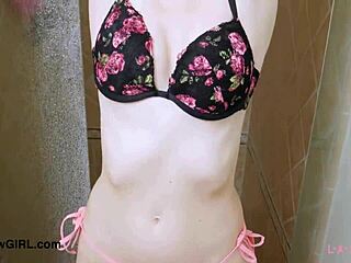 Sweet Brunette Teen Enjoys Refreshing Shower in Cozy Bathroom Setting