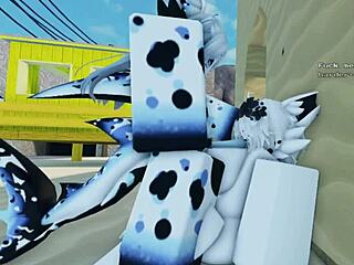 Furry shark pounds fiercely on sunny beach roblox