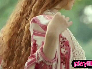 petite redhead latvian milf strips nude outdoors by her tent