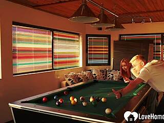 Sext redhead babe deepthroats cock bends over pool table