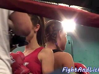 Busty Lesbians Catfight Wrestling on Floor Closeup