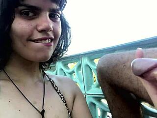 Chubby latina gags on monster cock outdoors with sloppy deepthroat spit