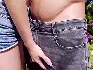 rich curvy babe finally fucks athletic gardener's big cock outdoors