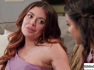 busty brunette milf licks petite girl's pussy tribbing