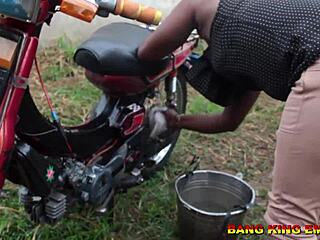 bbw ebony begs bbc after washing bike gets garage pounding