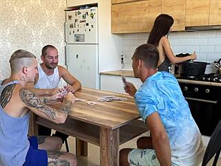 Husband loses young wife at cards for triple creampie on kitchen table