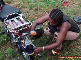 bbw ebony begs bbc after washing bike gets garage pounding