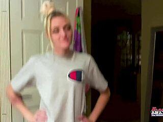 Skinny Blonde Sassy Strips Rubs Tits Hard Cock