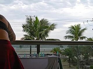 mystery skirt flash reveals bare ass on balcony exhibition