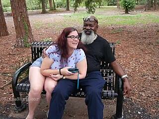 Nerdy milf sucks big black cock outdoors publicly