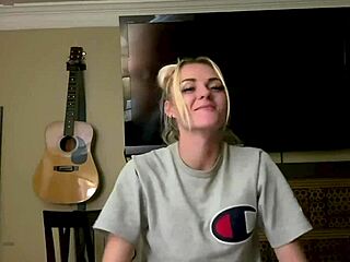 Skinny Blonde Sassy Strips Rubs Tits Hard Cock