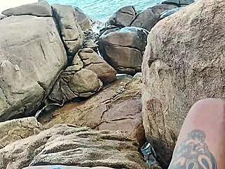 hot babe fucks on public beach then walks cum-covered!