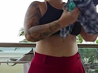 mystery skirt flash reveals bare ass on balcony exhibition