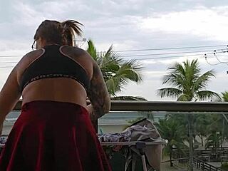 mystery skirt flash reveals bare ass on balcony exhibition