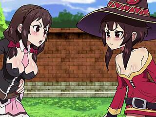 hentai megumin yunyun ride kazuma's cock in licking threesome pov