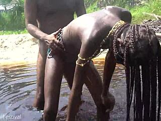 skinny african beauty bathed then fucked hard in forest