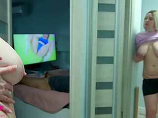 blonde babe with big natural tits spies on older guy