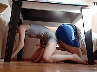 we hide under desk rubbing wet pussies from stepmom