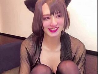 sexy cat ear crossdressing ladyboy shemale masturbates anal play cute
