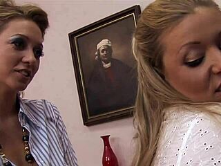 Blonde Lesbians Lick Pussy in Lingerie Stockings at Office