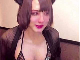 sexy cat ear crossdressing ladyboy shemale masturbates anal play cute