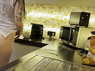 hot brunette in see-through miniskirt dress flashes pussy big ass kitchen