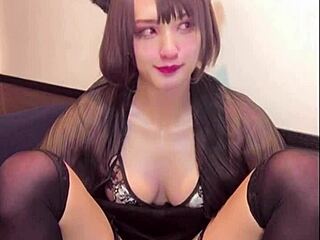 sexy cat ear crossdressing ladyboy shemale masturbates anal play cute