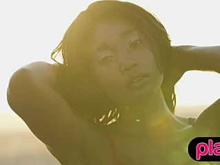 petite ebony milf strips juicy tits poolside