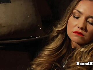 lesbian slave kneels bound licking mistresses wet pussy bent over