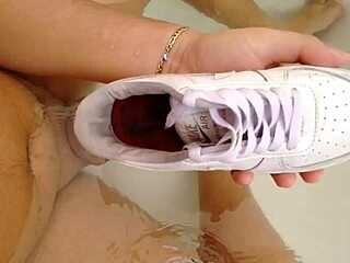 I tease his cock with shoes, shoejob creampie explosion on my feet