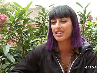 Exhibitionist babe fingers wet pierced pussy in restroom!