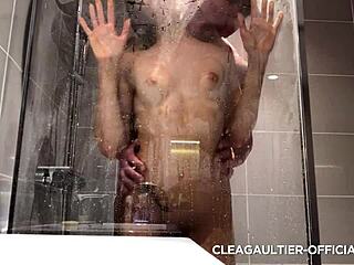 clea gaultier joins steamy shower bath with brunette european seduction